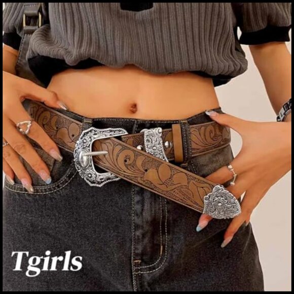 Vintage Western Leather Belt Floral Carving Cowboy Style Adjustable Fit main image 4